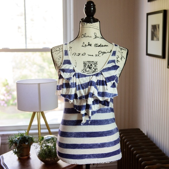 Banana Republic Tops - Banana Republic Navy Striped Ruffle Front Tank Top